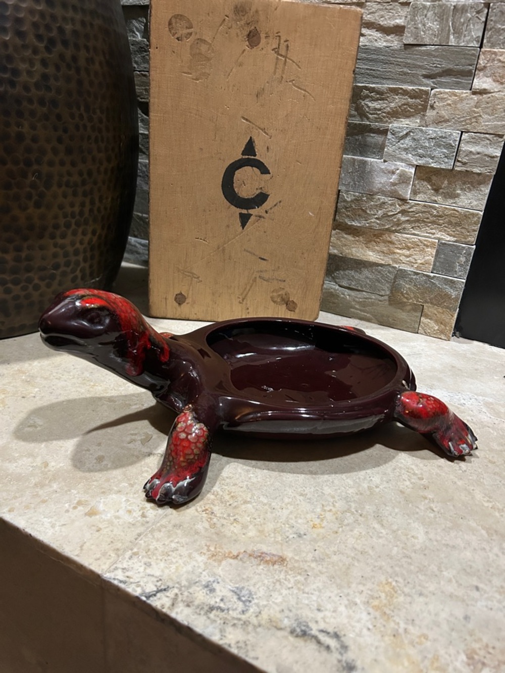 Vintage Ceramic Turtle Trinket Dish in Deep Burgundy with Red Accent